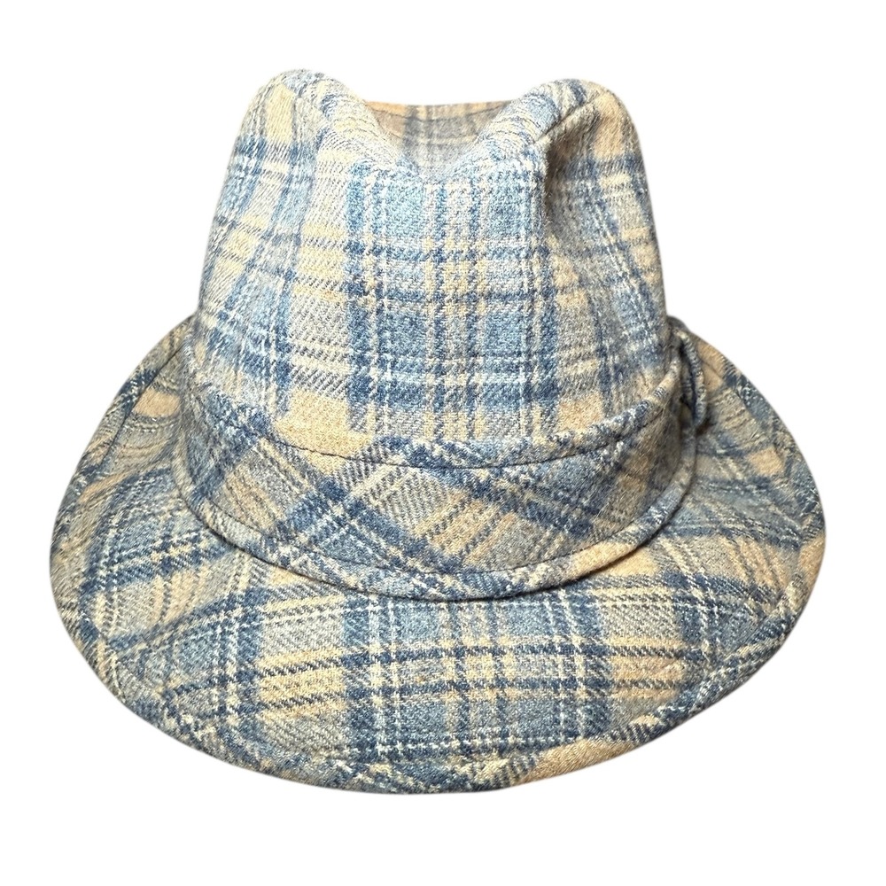 Pendleton Plaid Wool Fedora Hat‎ Blue Tan Classic Style Size 7 1/8